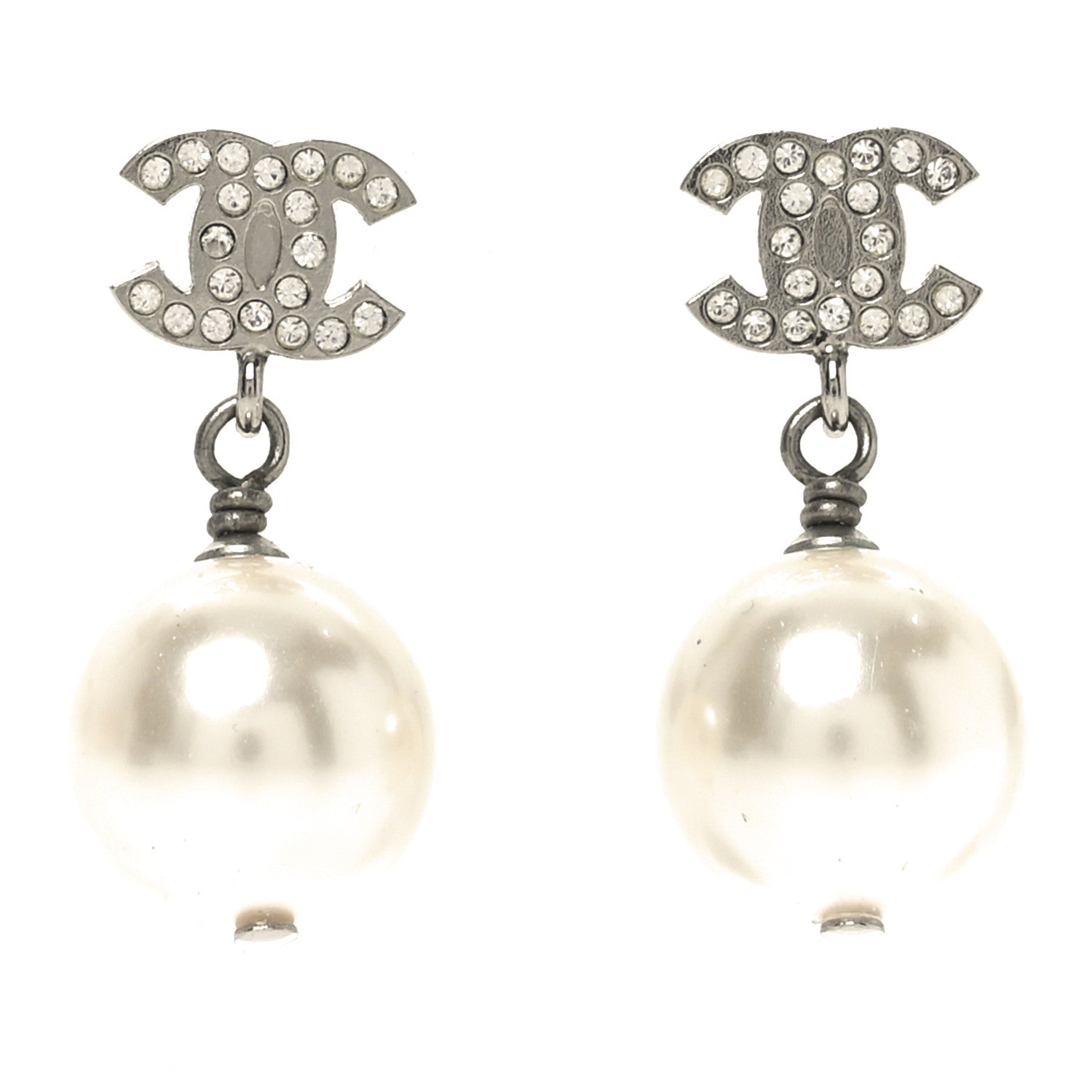 Chanel Crystal Pearl CC Drop Earrings Silver Pearly White 1 of 4