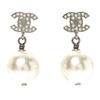 Chanel Crystal Pearl CC Drop Earrings Silver Pearly White 1 of 4