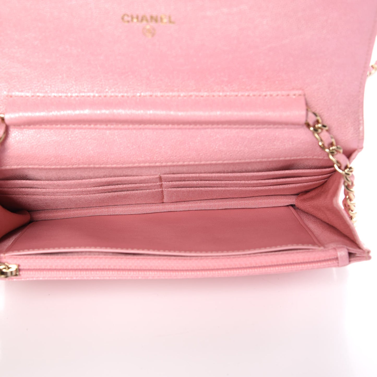 Iridescent Caviar Quilted Wallet on Chain WOC Rose Pink