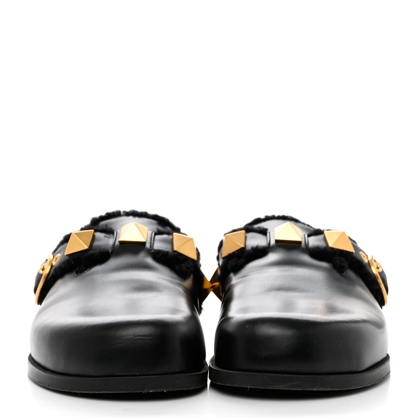 Calfskin Shearling Roman Stud River Slippers 40 Black