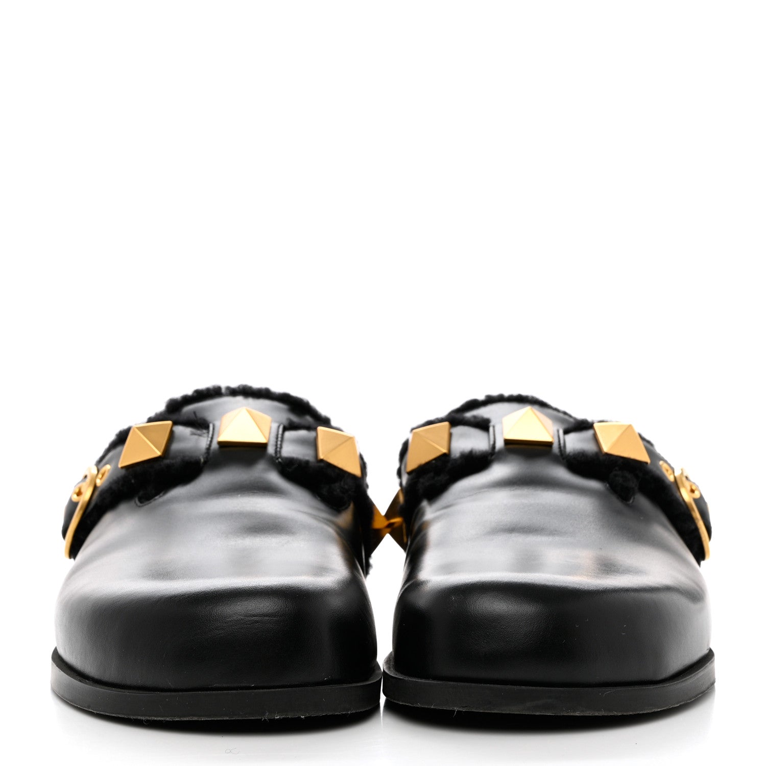 Valentino Garavani Calfskin Shearling Roman Stud River Slippers 40 Black 2 of 7