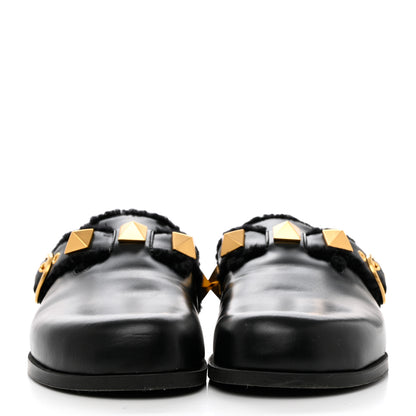 Valentino Garavani Calfskin Shearling Roman Stud River Slippers 40 Black 2 of 7