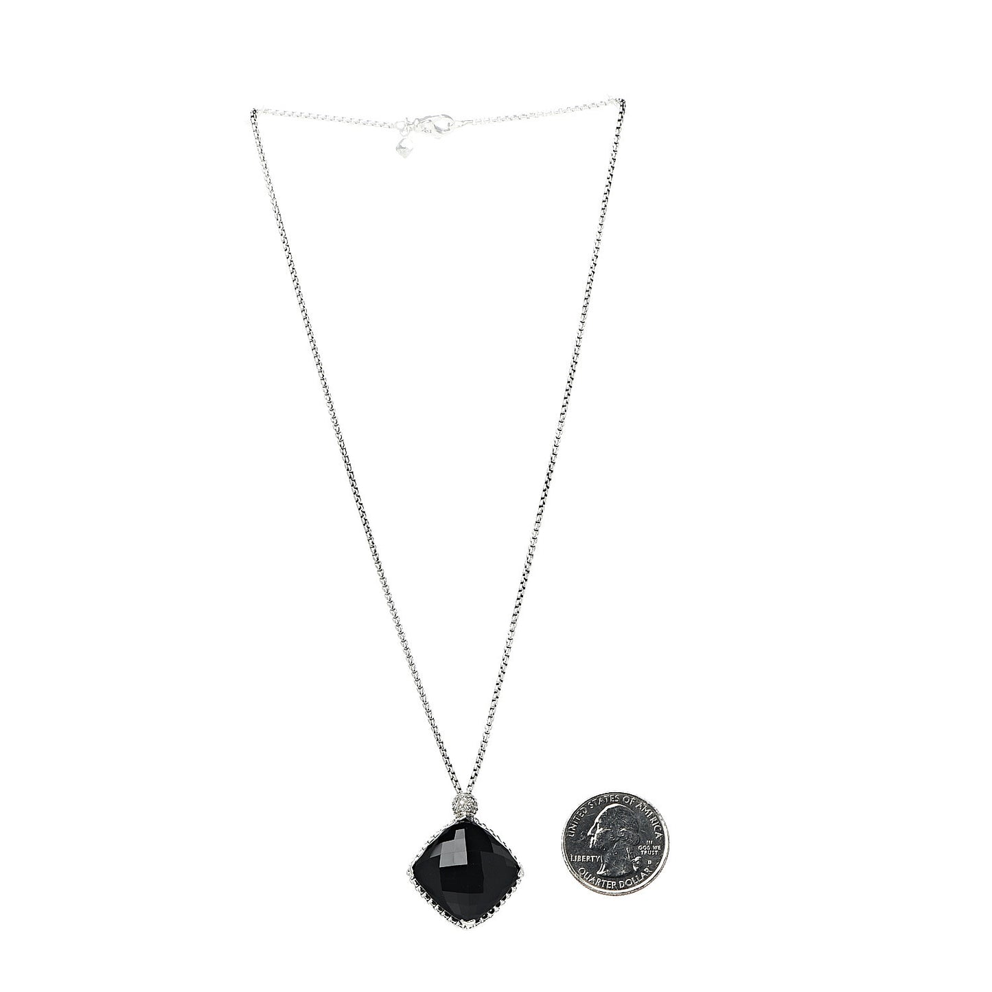 Sterling Silver Diamond Black Onyx 20mm Cushion On Point Pendant Necklace
