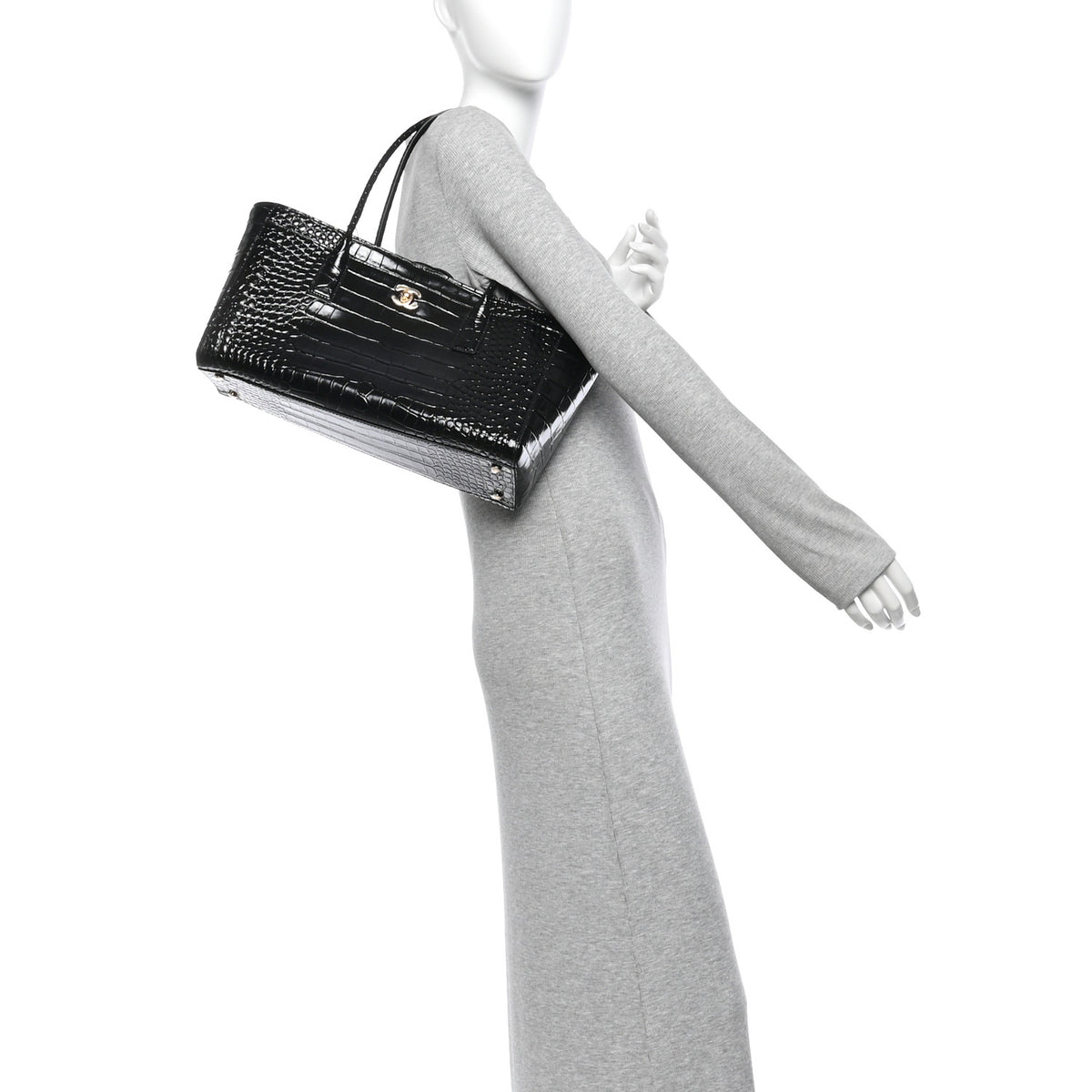 Chanel Calfskin Crocodile Embossed Archetype Small Shopping Tote Black 2 of 10