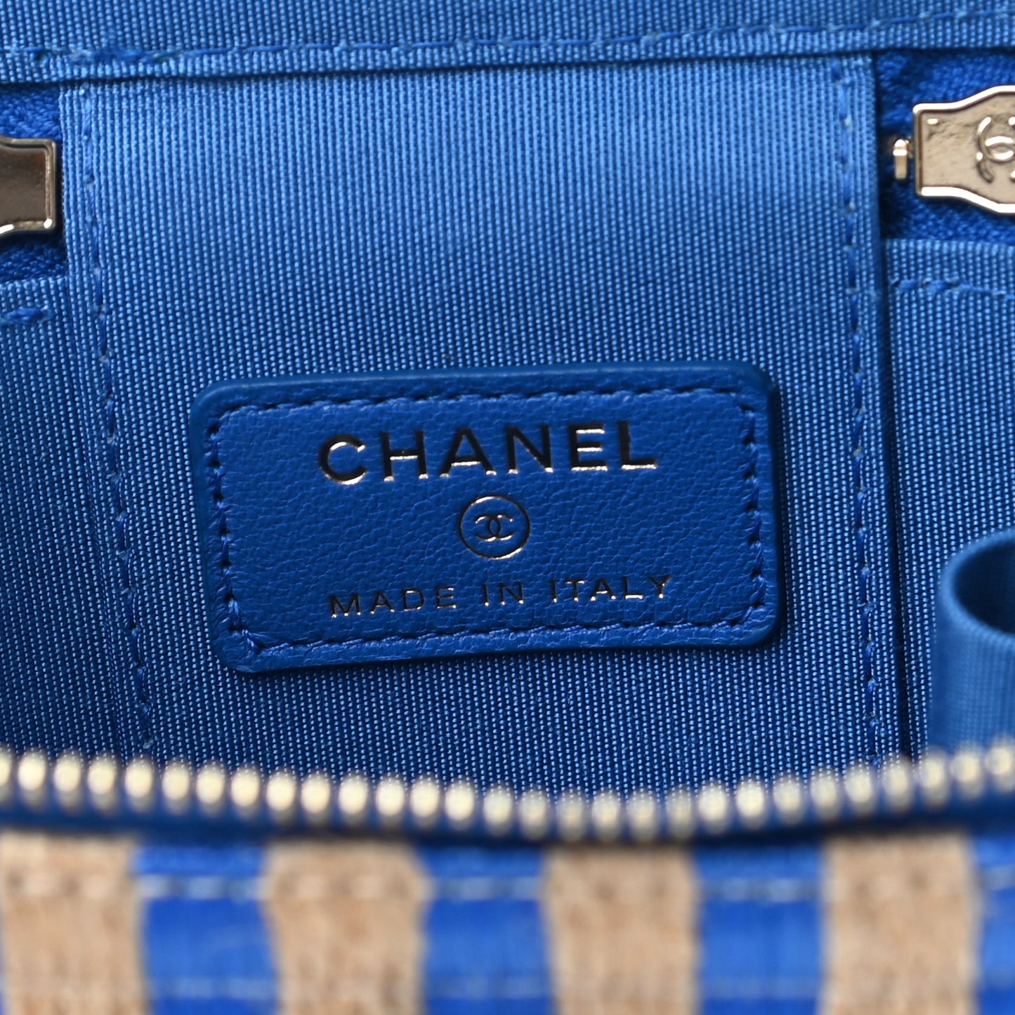 Raffia Jute Striped Mini Vanity Case With Chain Blue Beige
