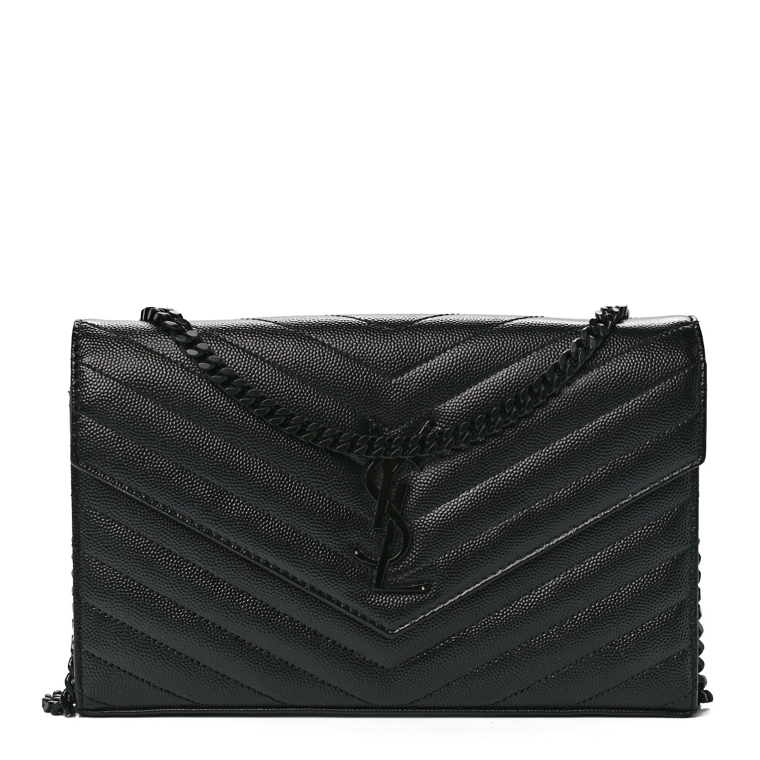 Saint Laurent Grain De Poudre Matelasse Chevron Monogram Monochrome Chain Wallet Black 1 of 10