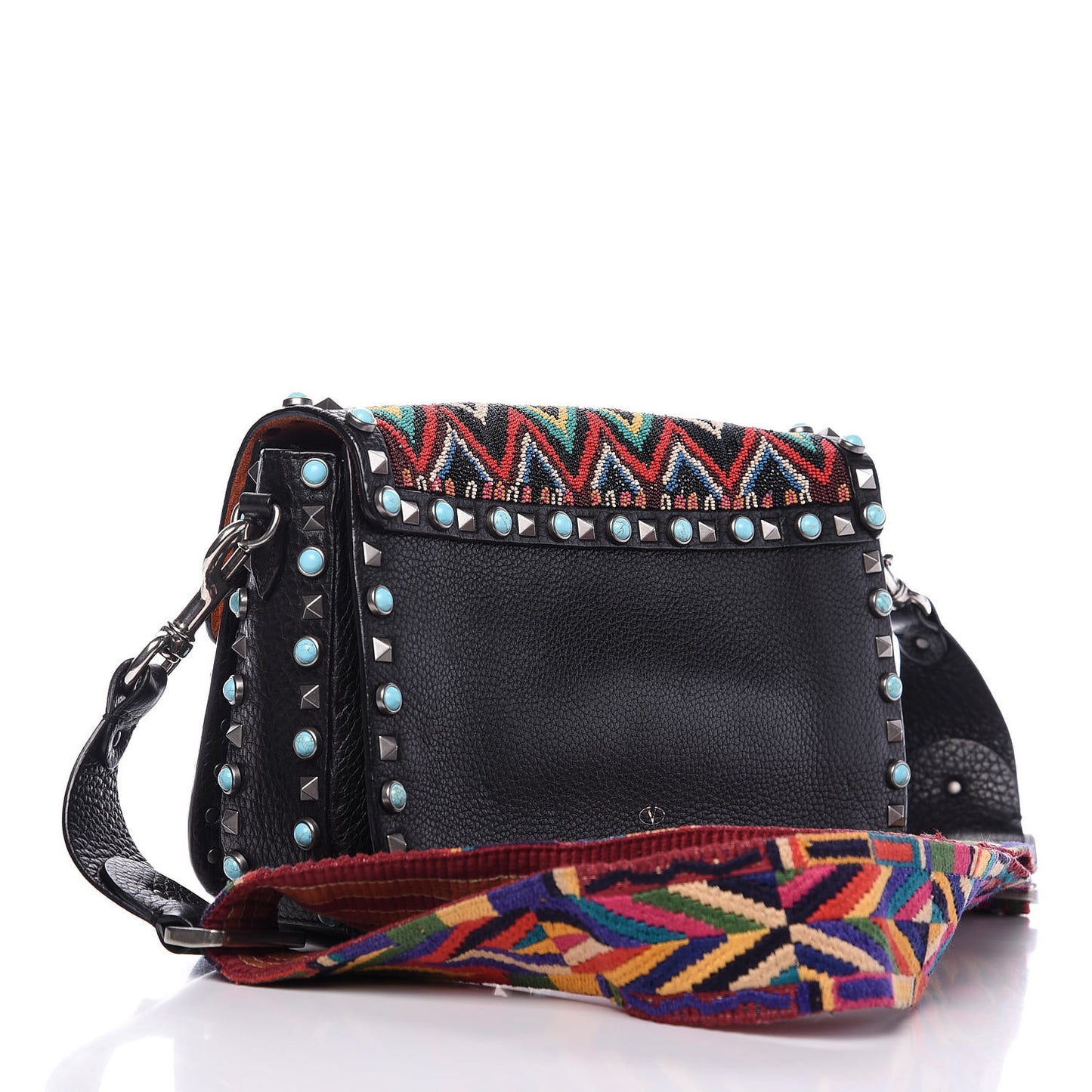 Pebbled Calfskin Beaded Medium Guitar Strap Rockstud Rolling Flap Saddle Bag Black
