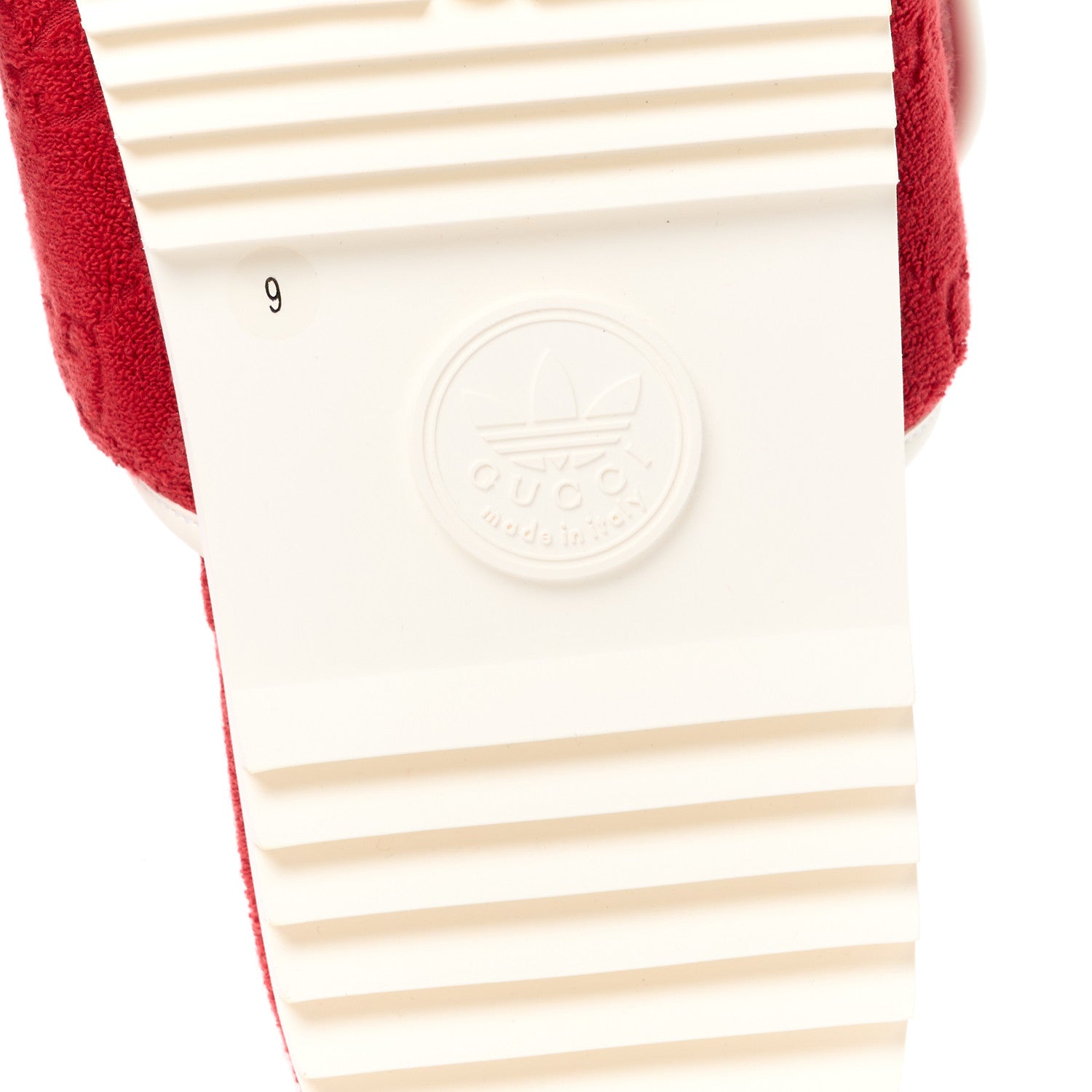 Gucci X ADIDAS Terry Cloth Trefoil GG Monogram Mens Platform Sandals 9 Maple Red Off White 5 of 9