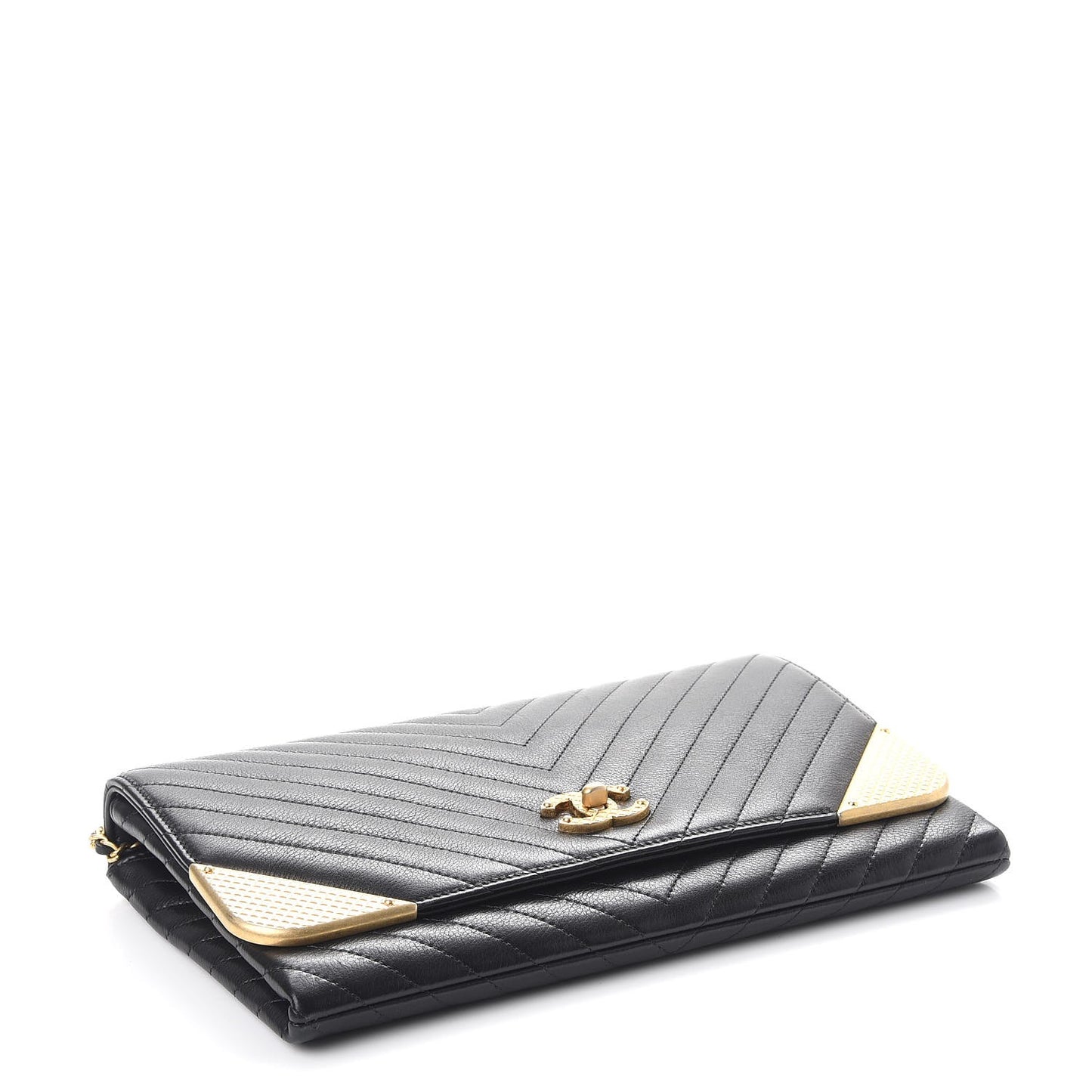 Calfskin Chevron Quilted Rock The Corner Clutch With Chain Black