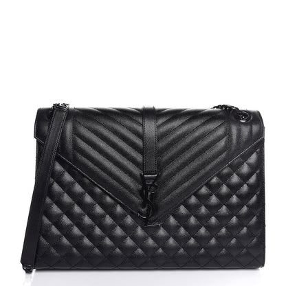 Saint Laurent Grain De Poudre Textured Mixed Matelasse Large Triquilt Monogram Monochrome Satchel Black 1 of 8