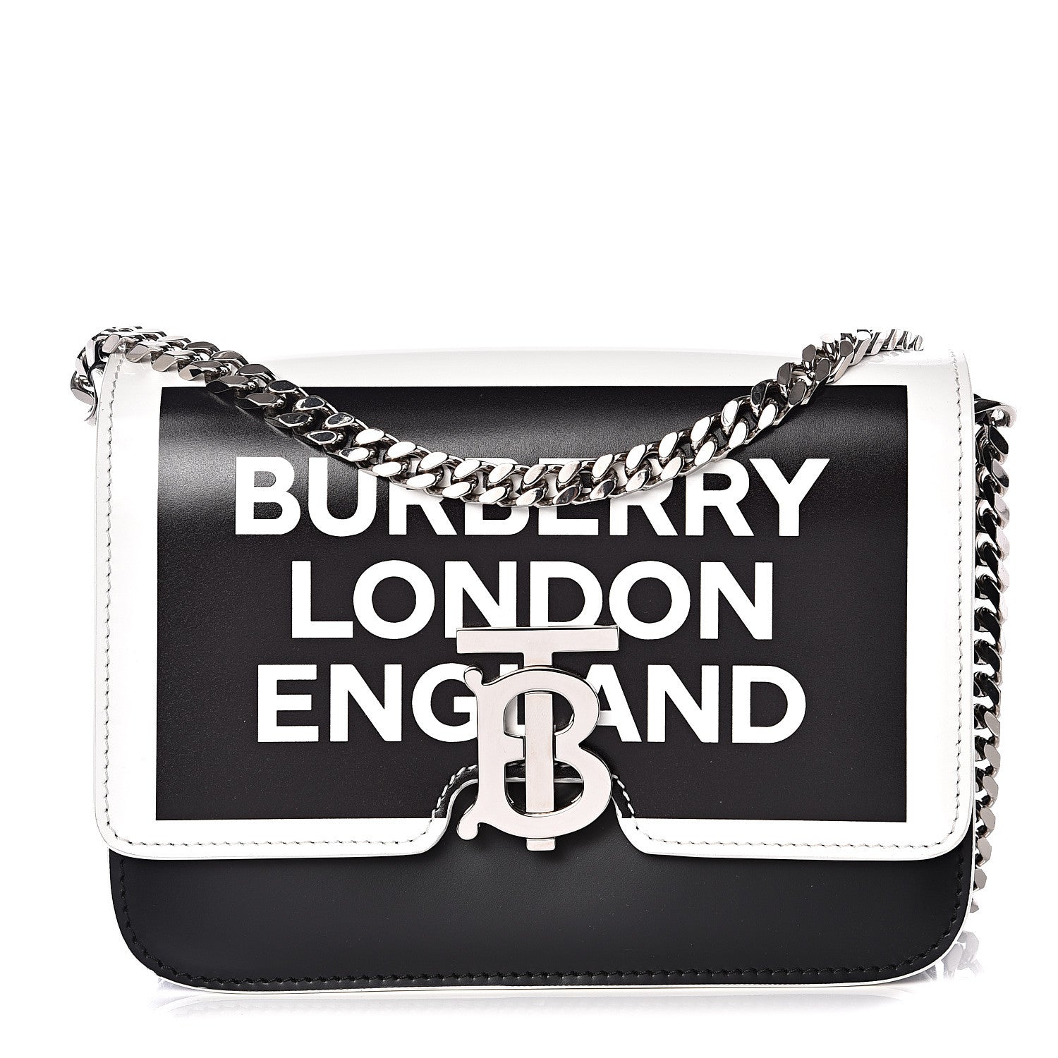 Burberry Calfskin Logo Printed Small TB Bag Black White 1 of 11