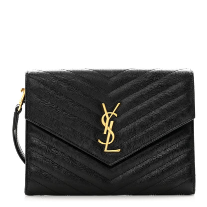Saint Laurent Grain De Poudre Matelasse Chevron Monogram Envelope Clutch Black 1 of 6