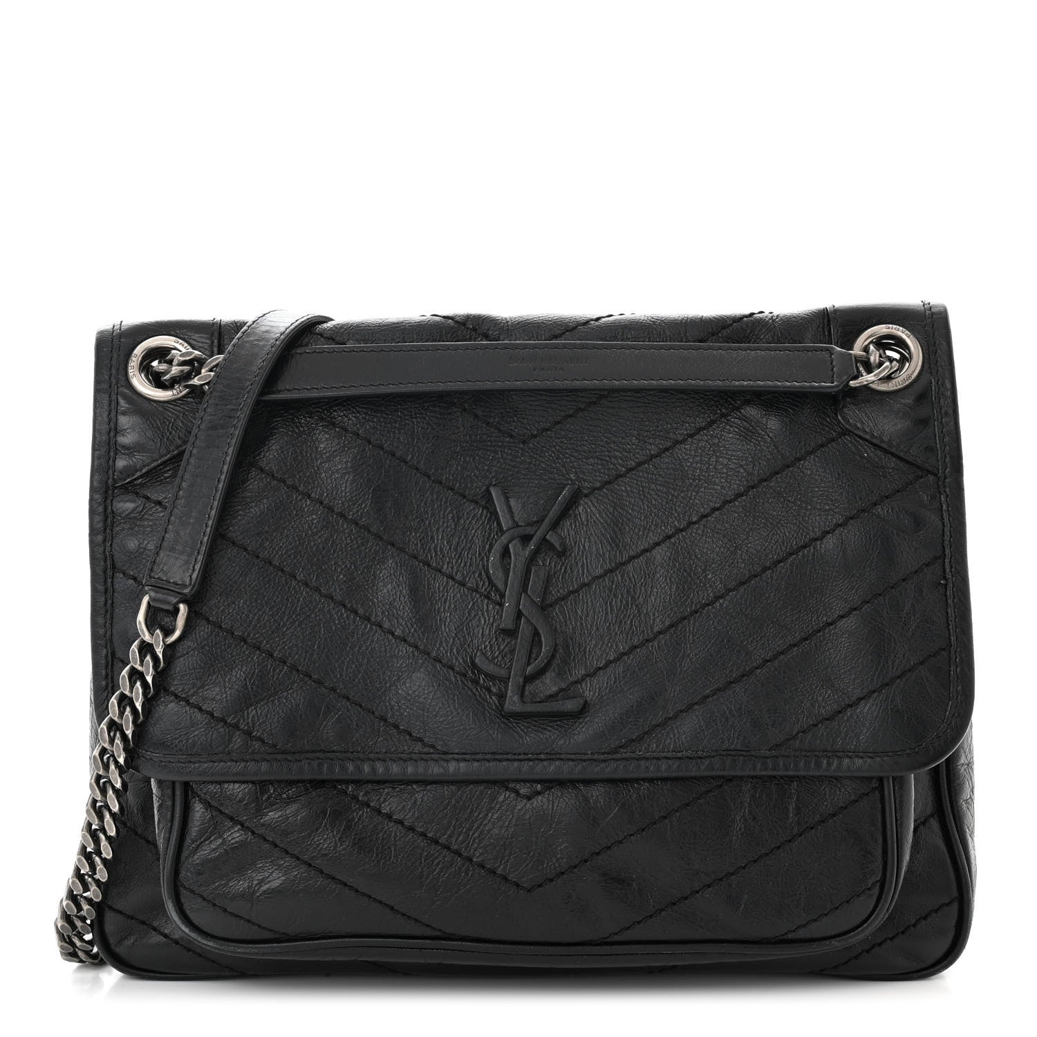 Saint Laurent Crinkled Calfskin Matelasse Monogram Medium Niki Chain Satchel Black 1 of 11