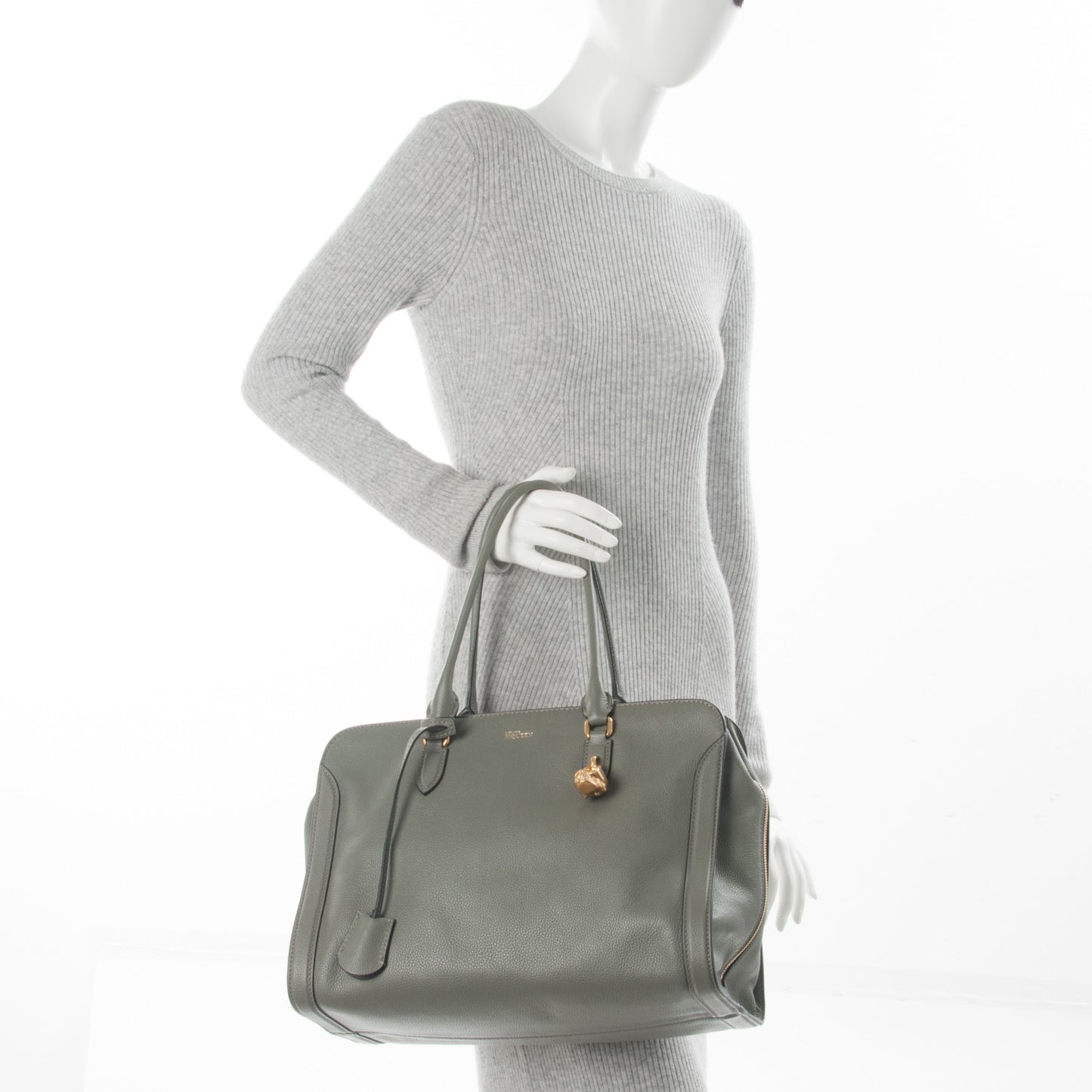 Pebbled Calfskin Large Skull Padlock Zip Around Tote Dark Grey