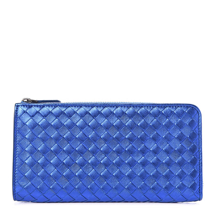 Bottega Veneta Metallic Grosgrain Intrecciato Zip Around Wallet Cobalt 1 of 9