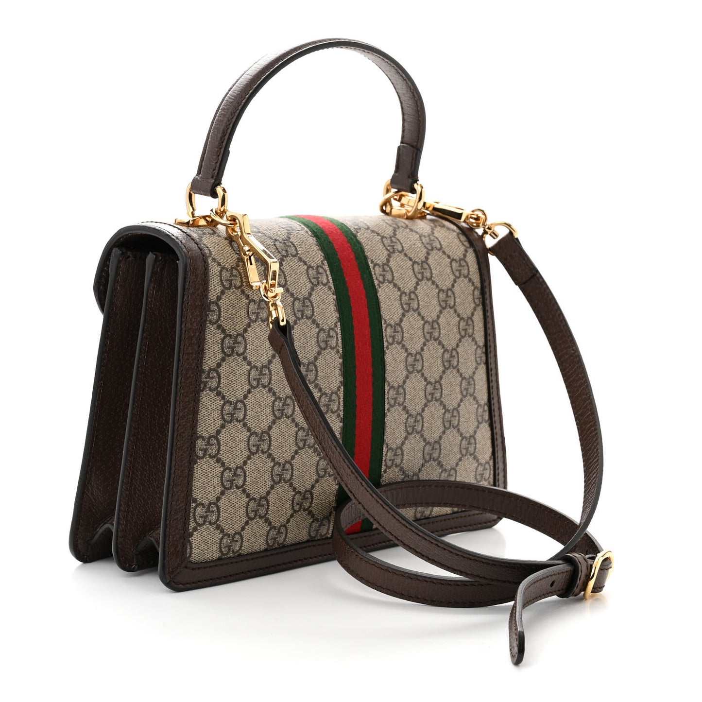 GG Supreme Monogram Textured Dollar Calfskin Web Small Ophidia Padlock Top Handle Bag Beige Ebony New Acero