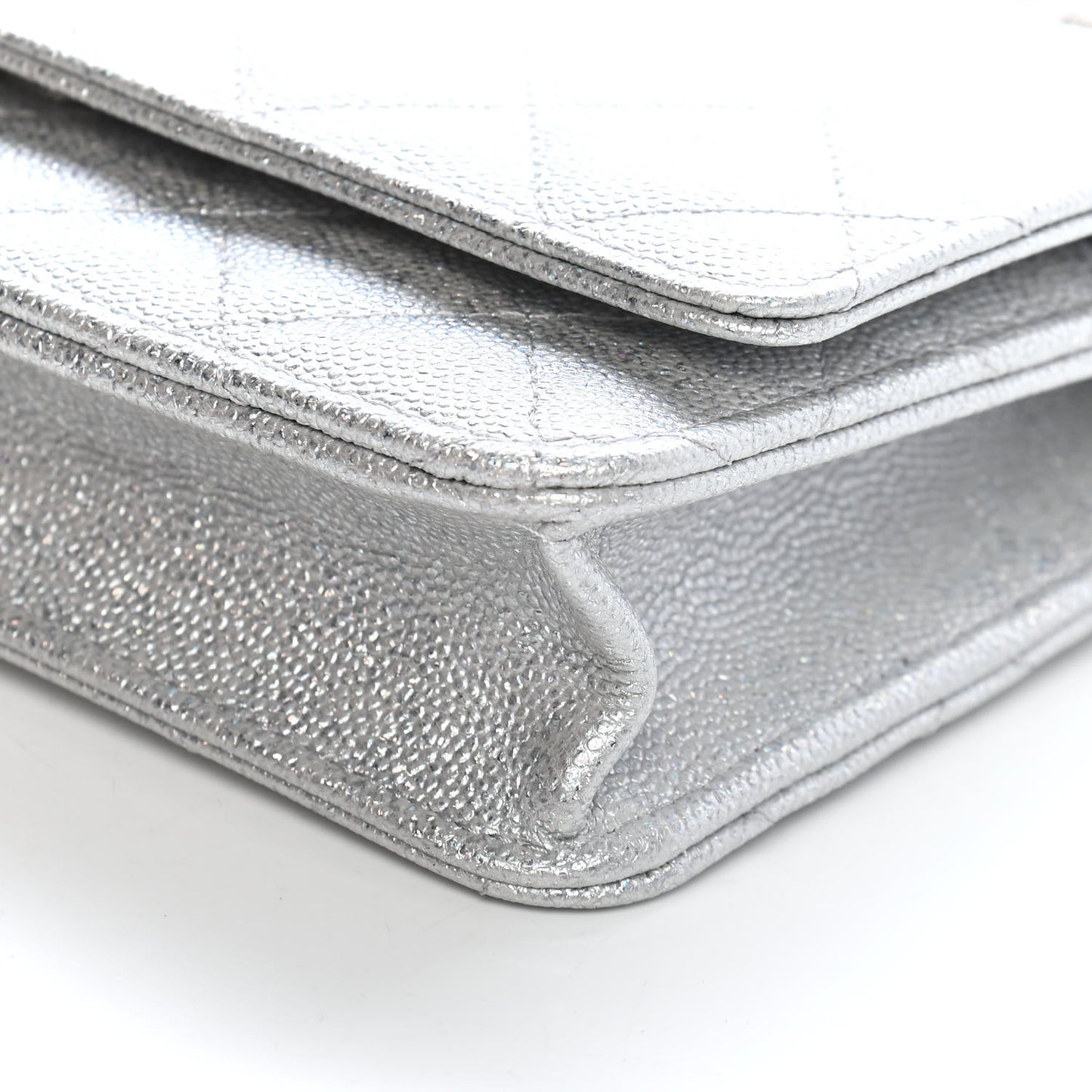 Glittered Metallic Caviar Quilted Wallet On Chain WOC Silver