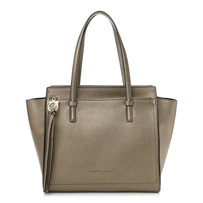 Salvatore Ferragamo Metallic Hammered Calfskin Double Handle Medium Amy Tote Graphite 1 of 9