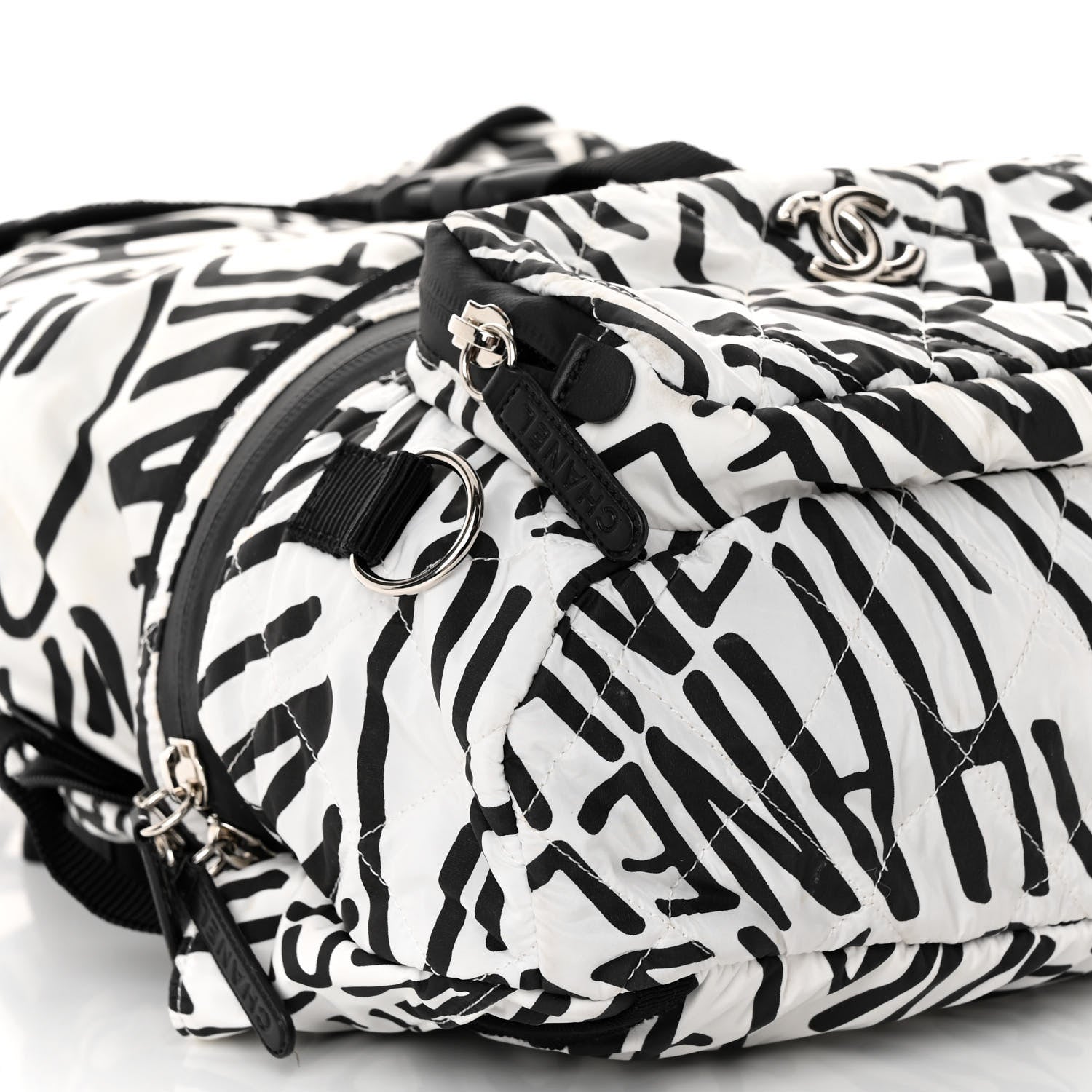 Chanel Nylon Printed Quilted Coco Neige Convertible Backpack Black White 11 of 12