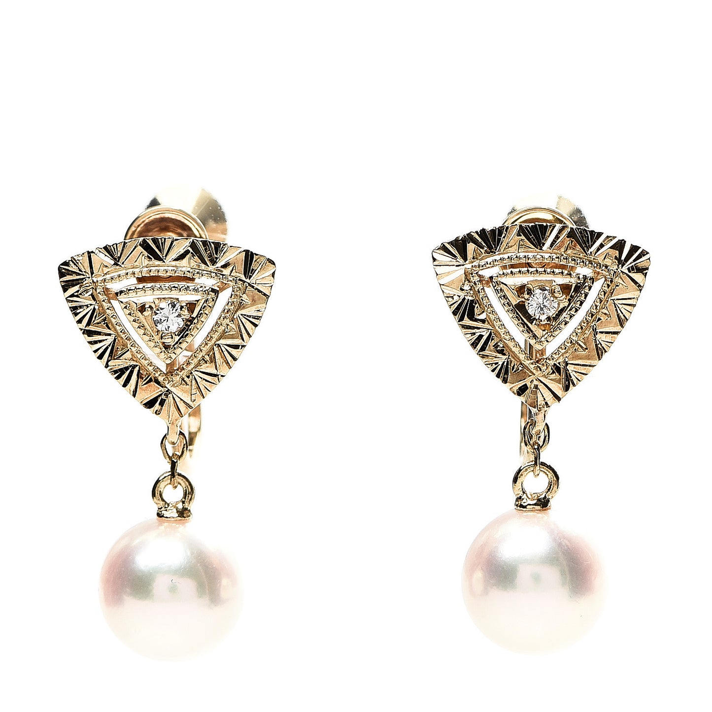 18K Yellow Gold Diamond 6.5-7mm Akoya Pearl Triangle Drop Screw Back Earrings