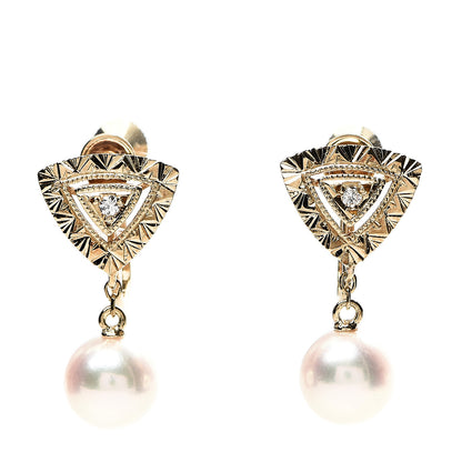 Mikimoto 18K Yellow Gold Diamond 6.5-7mm Akoya Pearl Triangle Drop Screw Back Earrings 1 of 4