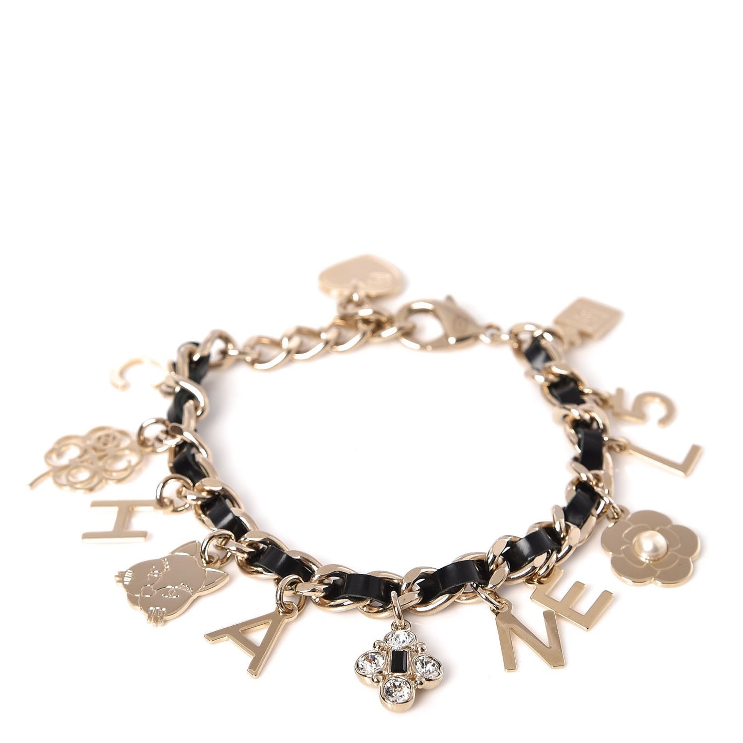 Lambskin Crystal CC Logo Charming Bracelet Gold Black