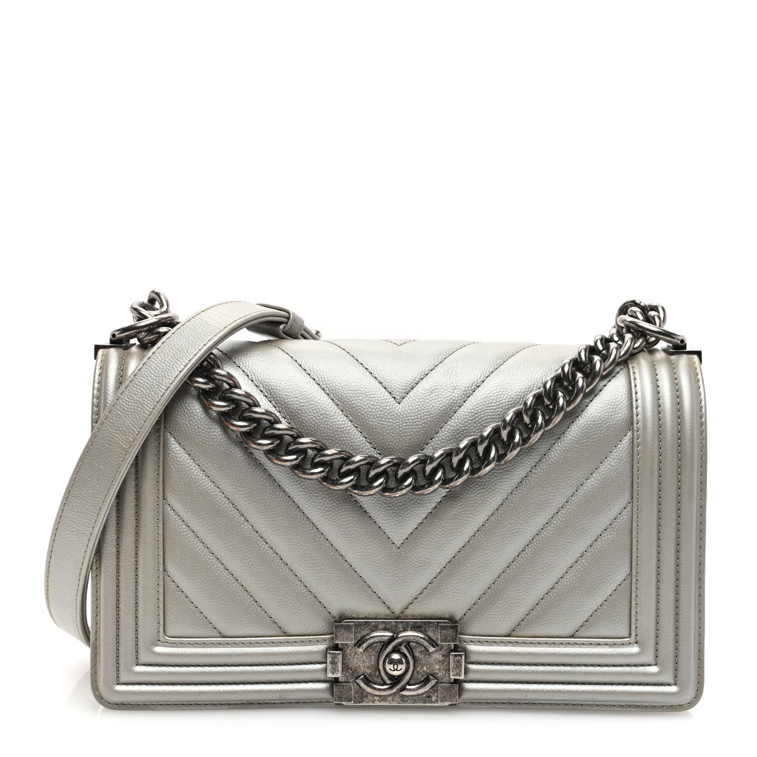 Chanel Metallic Caviar Chevron Quilted Medium Boy Flap Silver 1 of 10