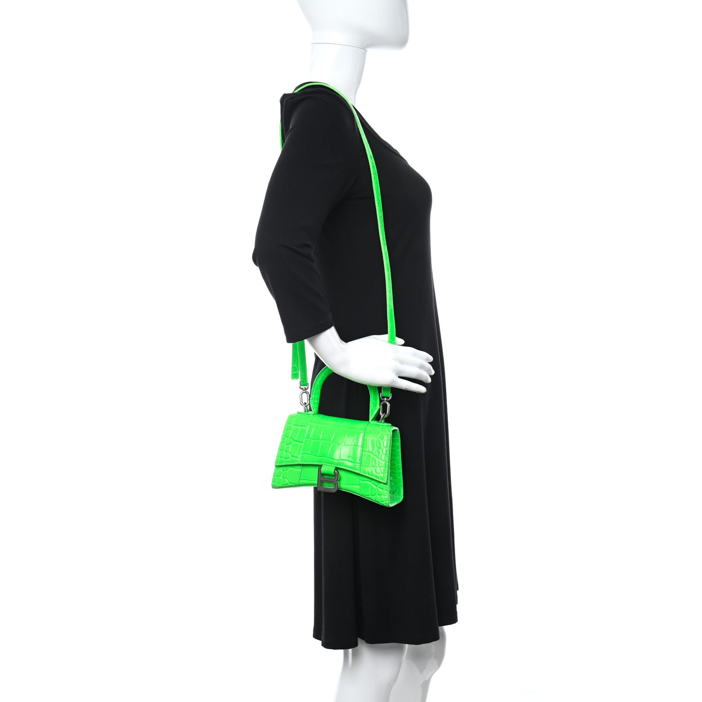 Shiny Calfskin Crocodile Embossed Hourglass Top Handle Bag XS Fluo Green