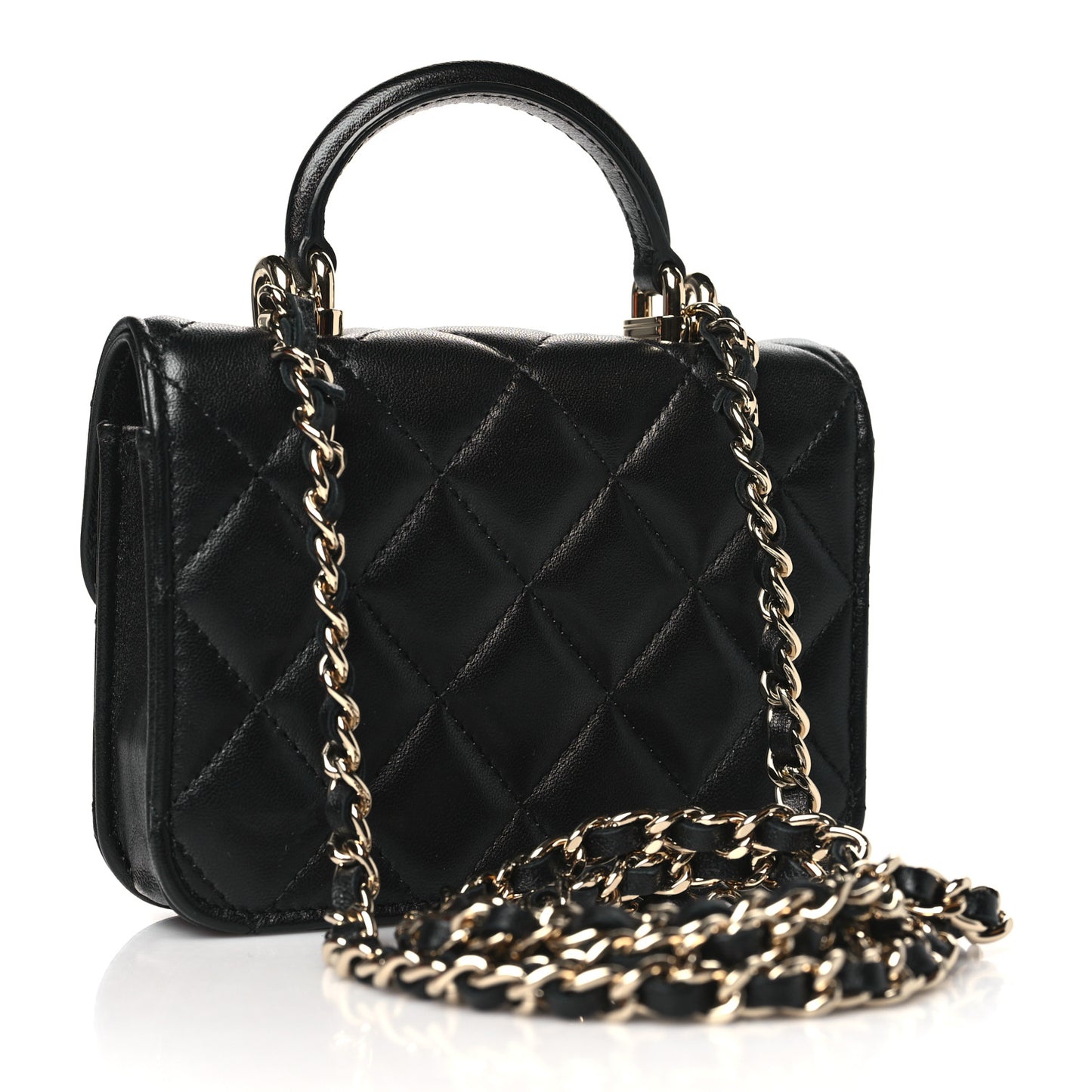 Lambskin Quilted Top Handle Flap Coin Purse With Chain Black
