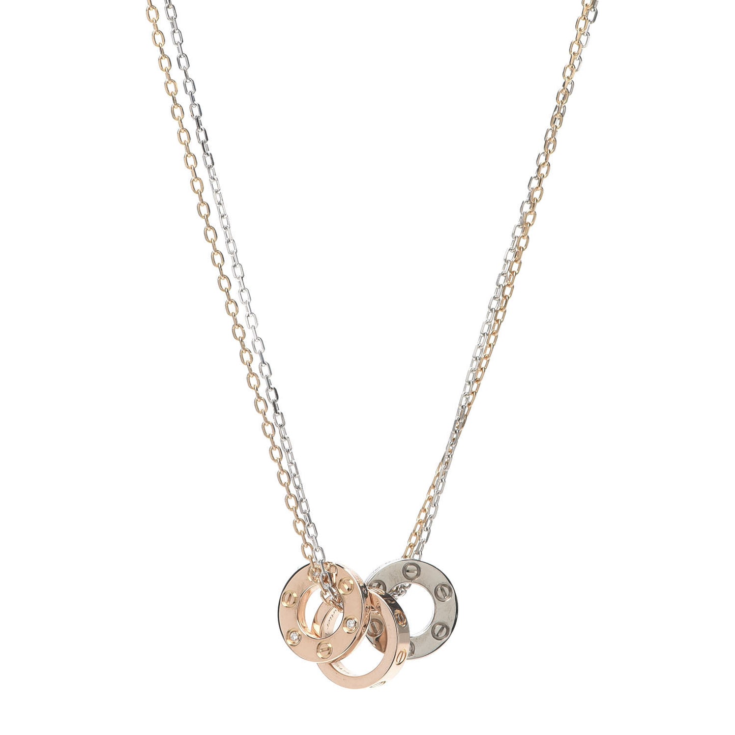 18K White Pink Gold Diamond Three Ring LOVE Pendant Necklace