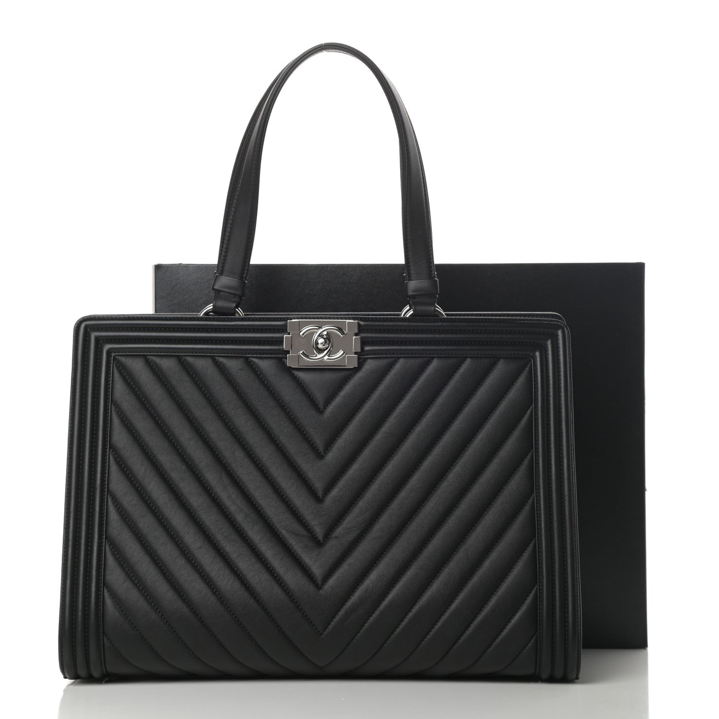 Calfskin Chevron Quilted Boy Shopping Tote Black