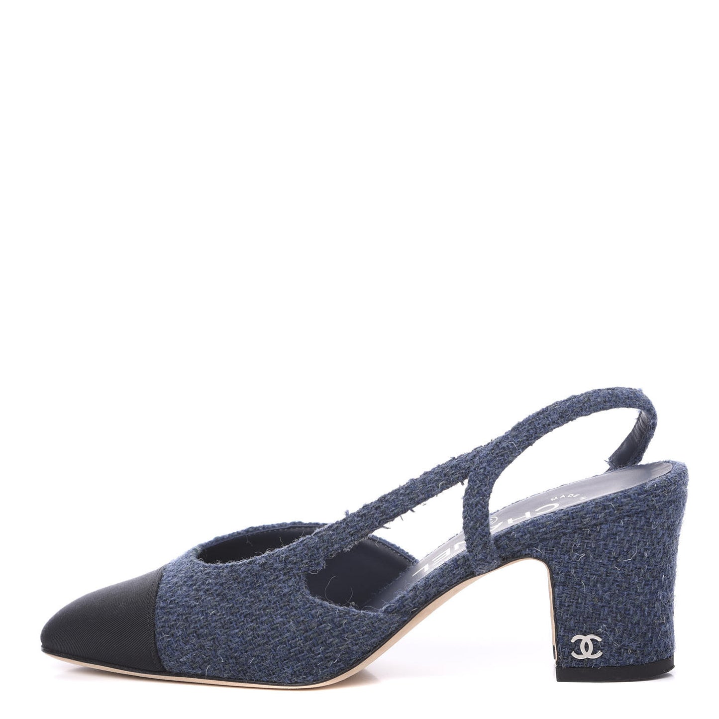 Tweed Grosgrain Cap Toe CC Slingback Pumps 35 Blue Black