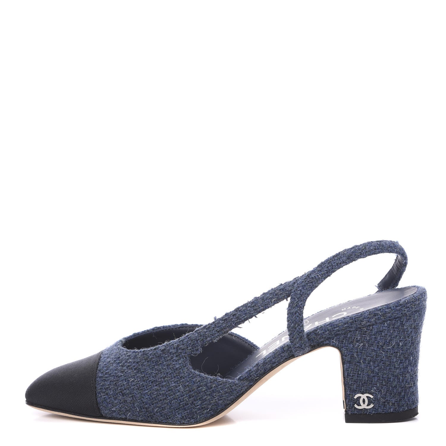 Chanel Tweed Grosgrain Cap Toe CC Slingback Pumps 35 Blue Black 1 of 8