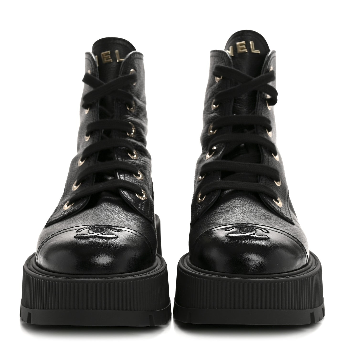 Grained Calfskin Shiny Calfskin CC Lace Up Combat Boots 36 Black