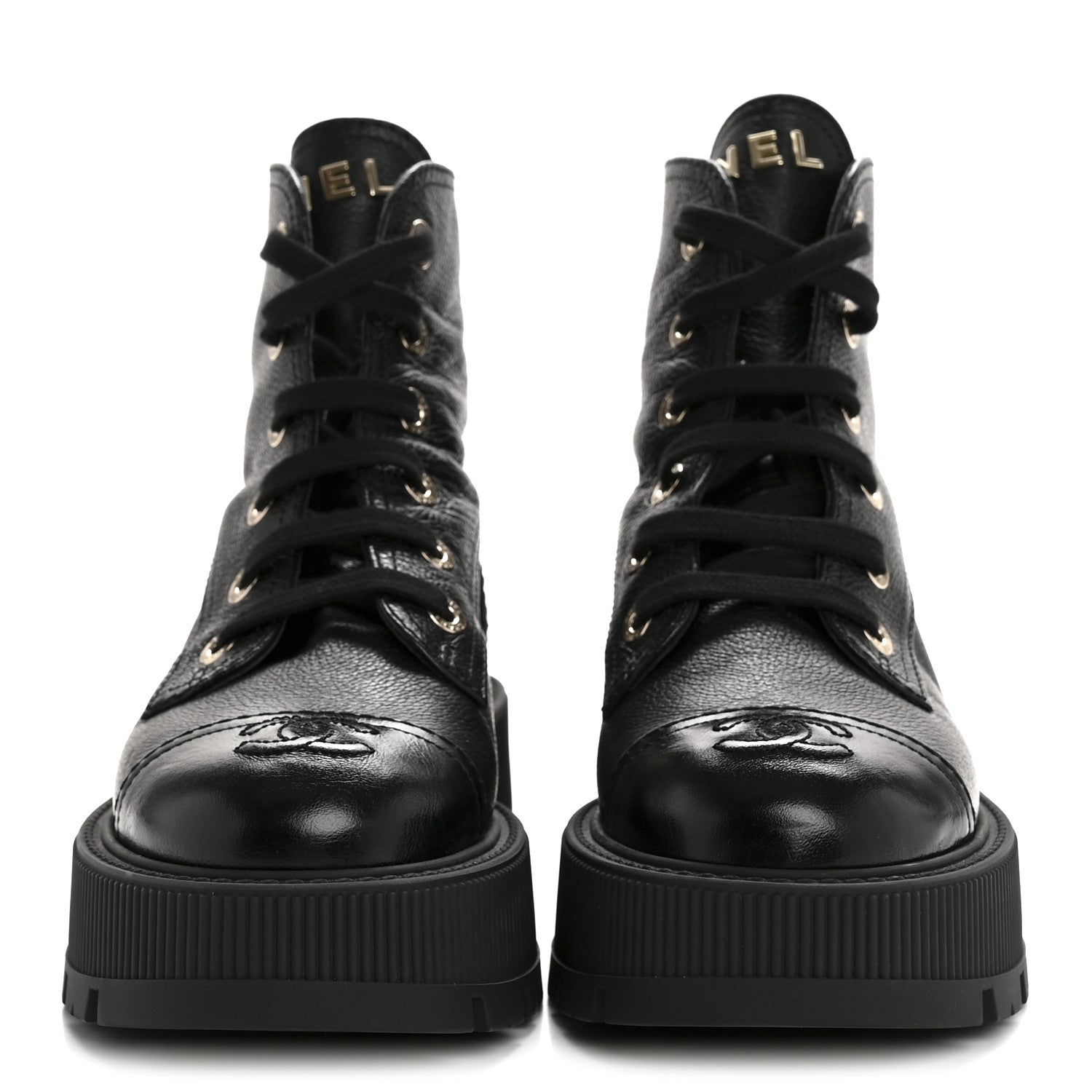 Chanel Grained Calfskin Shiny Calfskin CC Lace Up Combat Boots 36 Black 3 of 9