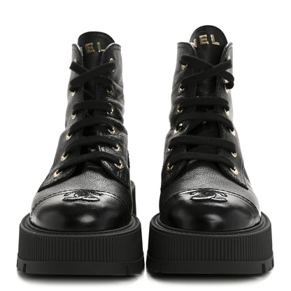 Chanel Grained Calfskin Shiny Calfskin CC Lace Up Combat Boots 36 Black 3 of 9