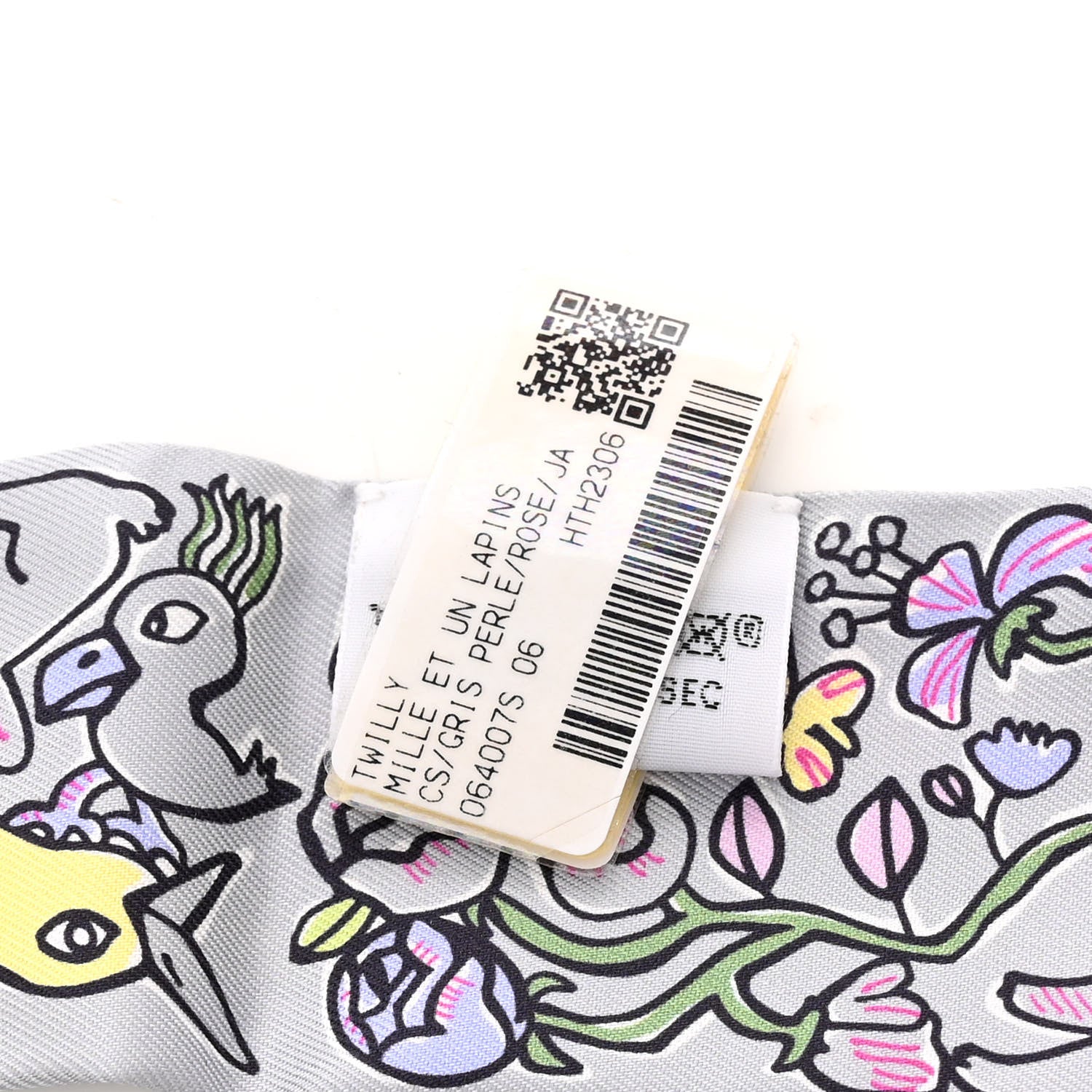 Hermes Silk Mille Et Un Lapins Twilly Gris Perle Rose Jaune 3 of 4