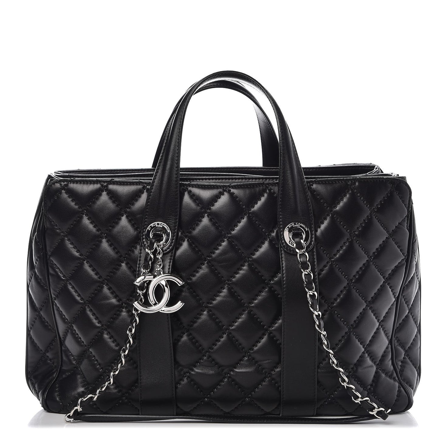 Lambskin Quilted Large Easy Carry Shopping Tote Black