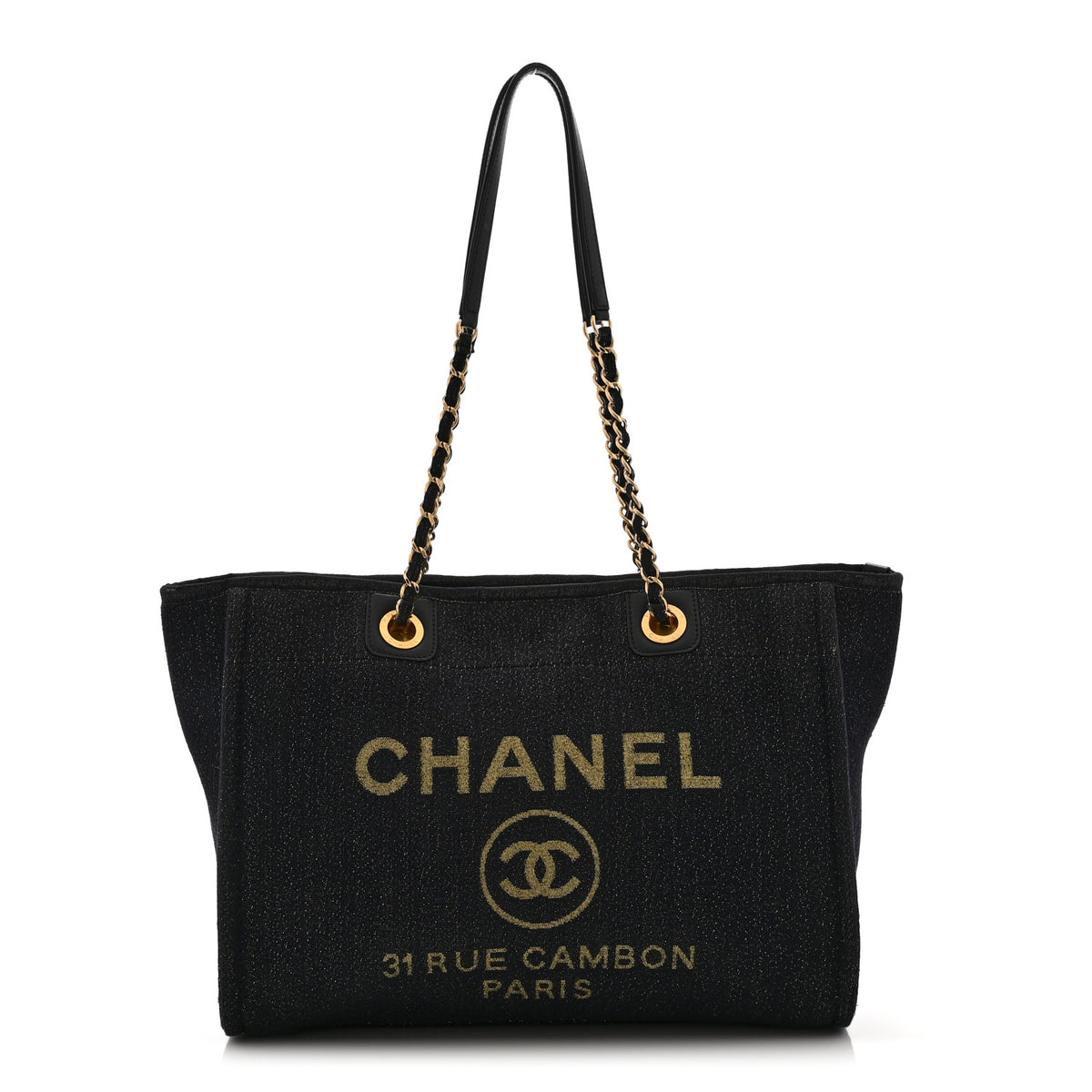 Chanel Lurex Canvas Small Deauville Tote Navy Blue Gold 1 of 10