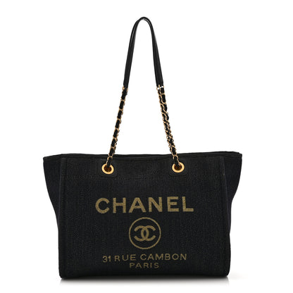 Chanel Lurex Canvas Small Deauville Tote Navy Blue Gold 1 of 10