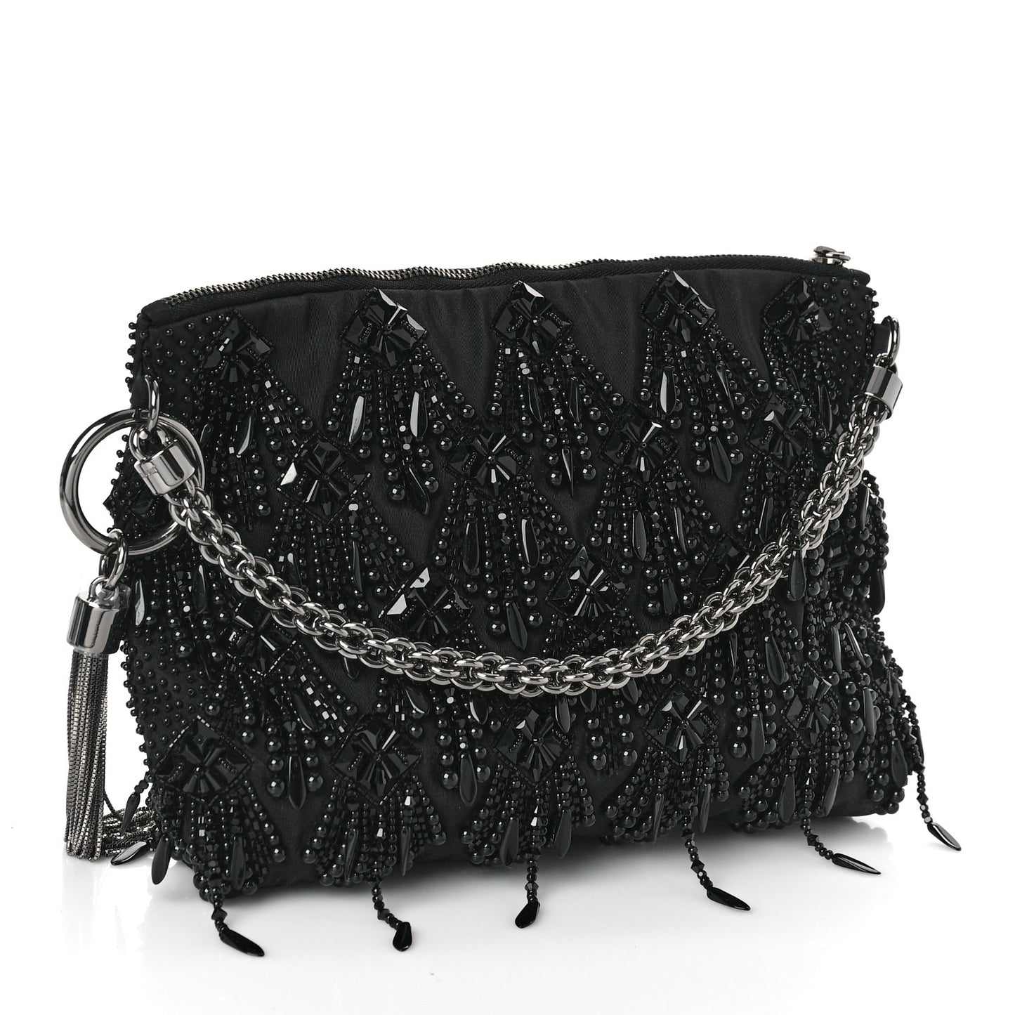 Satin Bead Embellished Callie Fringe Tassel Chain Evening Bag Black