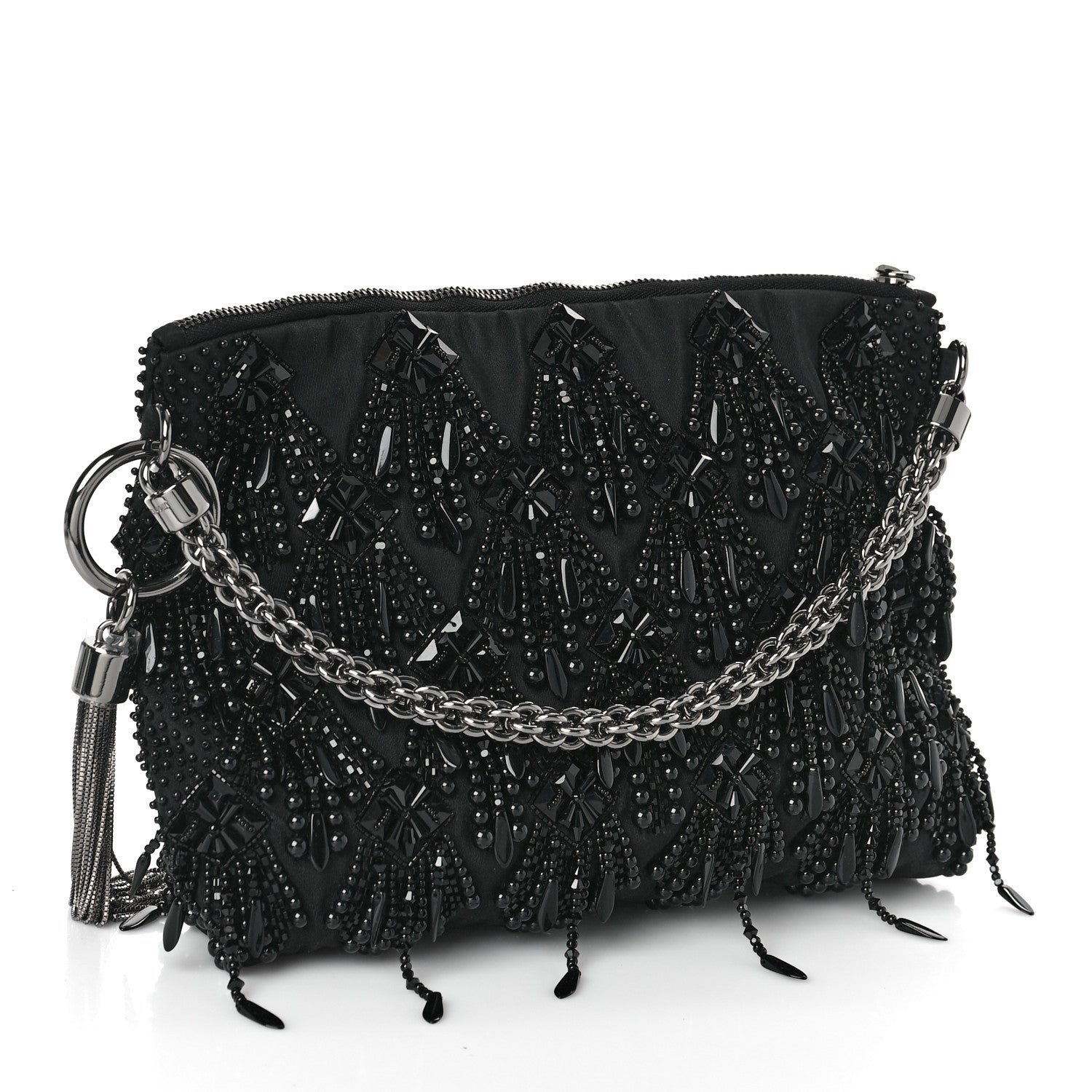 Jimmy Choo Satin Bead Embellished Callie Fringe Tassel Chain Evening Bag Black 3 of 8