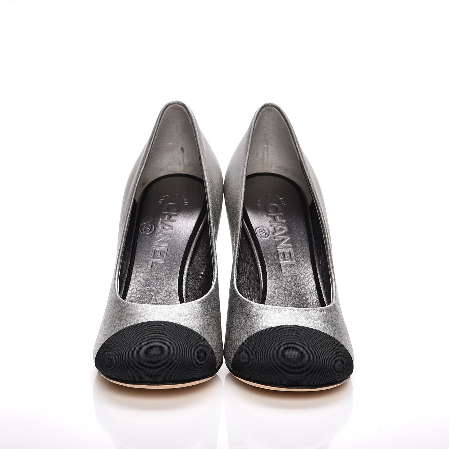 Metallic Calfskin Grosgrain Cap Toe Pumps 35 Silver Black