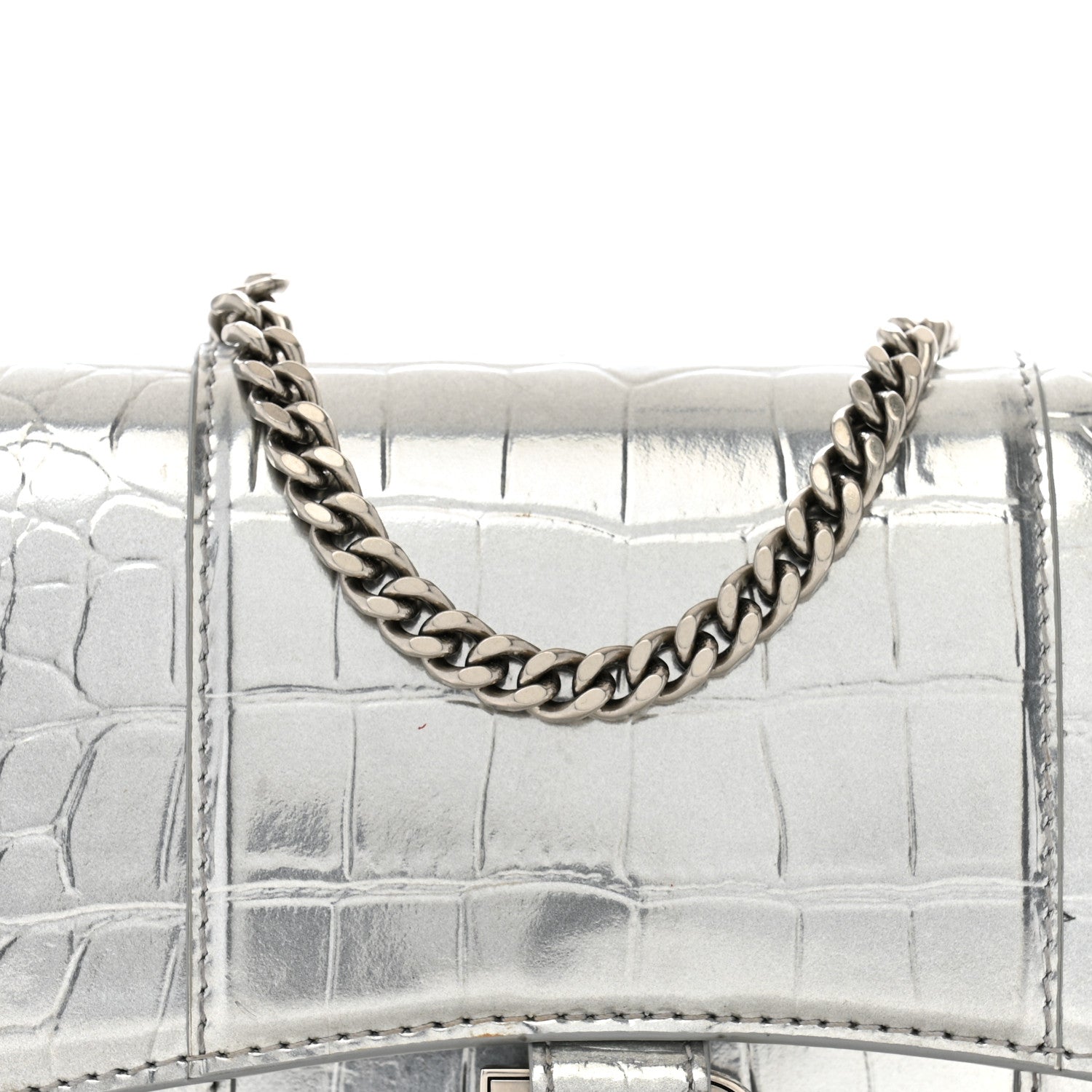 Balenciaga Shiny Calfskin Crocodile Embossed Hourglass Chain Bag Silver 7 of 12