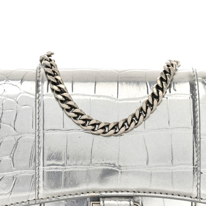 Balenciaga Shiny Calfskin Crocodile Embossed Hourglass Chain Bag Silver 7 of 12