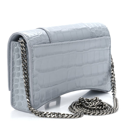 Balenciaga Shiny Calfskin Crocodile Embossed Hourglass Chain Bag Grey 3 of 11