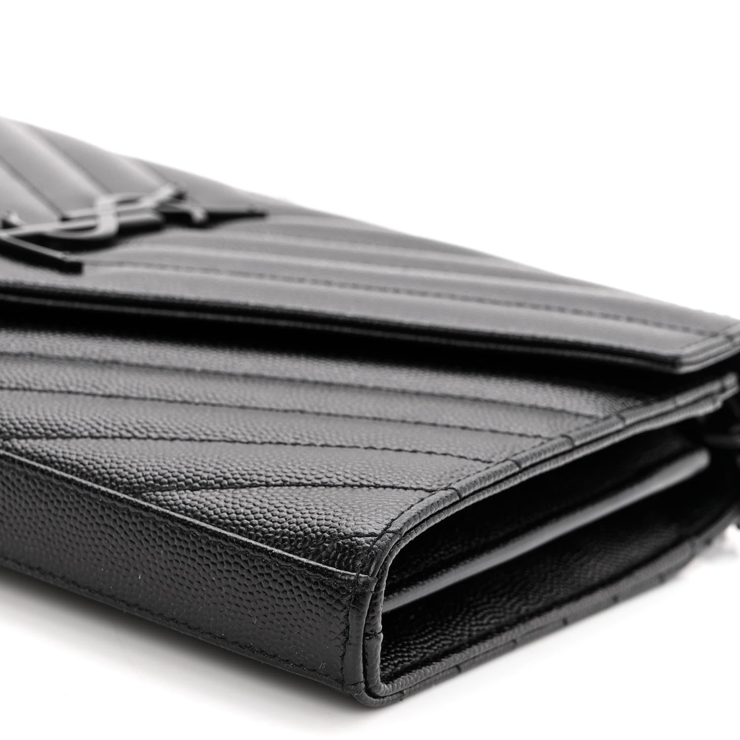 Saint Laurent Grain De Poudre Matelasse Chevron Monogram Monochrome Chain Wallet Black 9 of 9