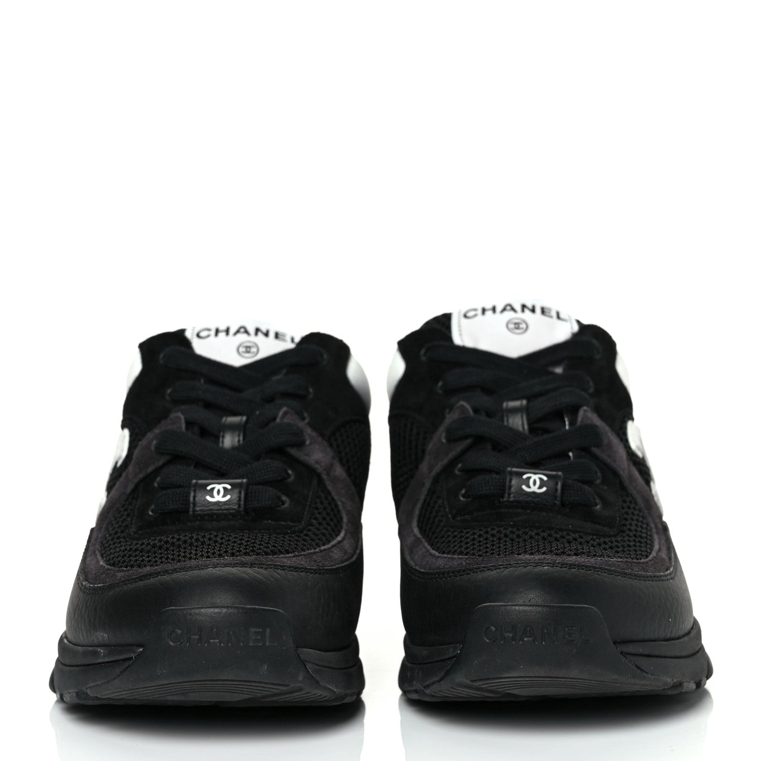 Chanel Mesh Suede Grained Calfskin Womens CC Sneakers 37.5 Black White 2 of 9
