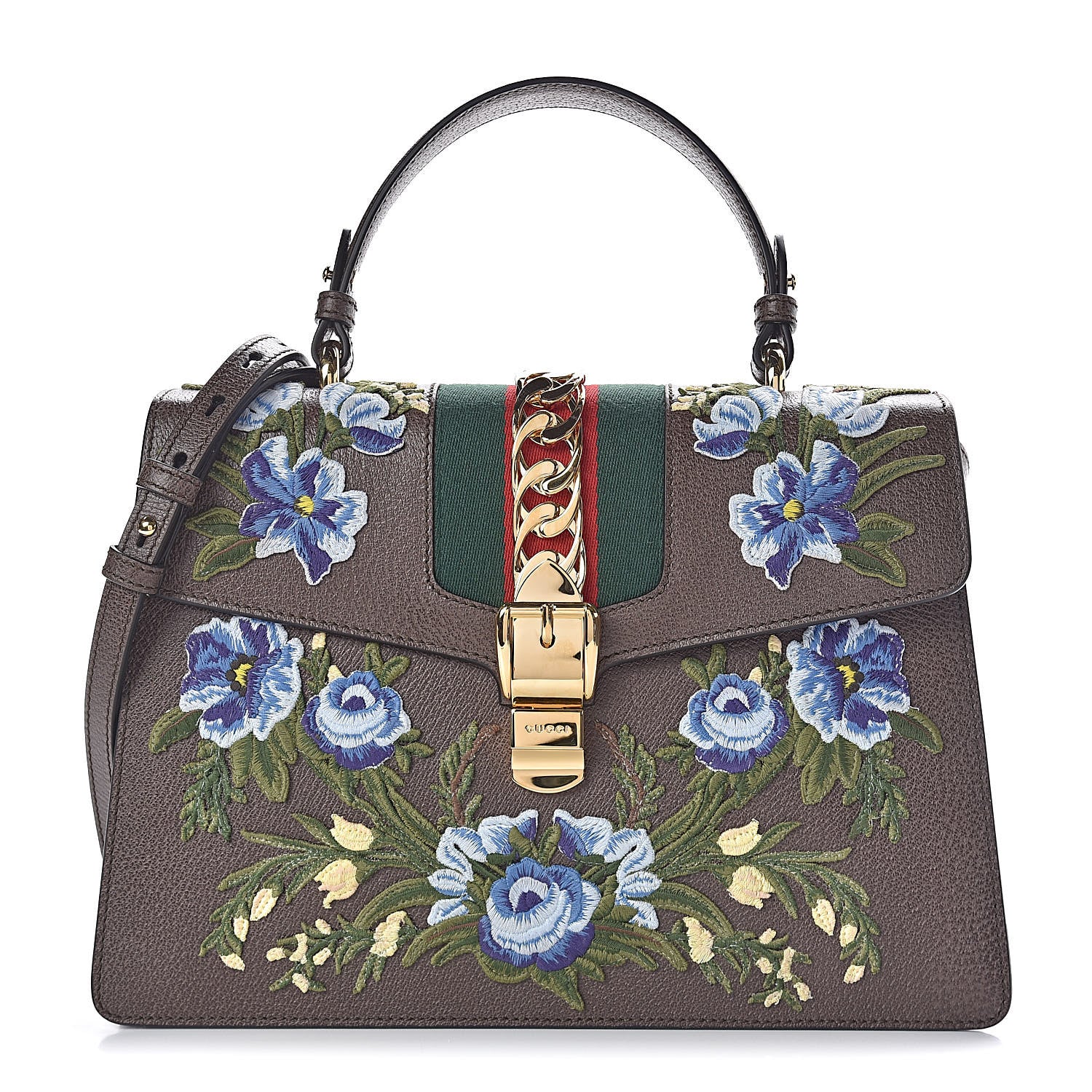 Gucci Calfskin Embroidered Medium Sylvie Top Handle Bag New Acero Multicolor 1 of 10
