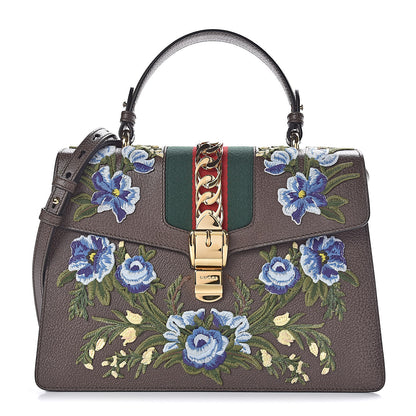 Gucci Calfskin Embroidered Medium Sylvie Top Handle Bag New Acero Multicolor 1 of 10